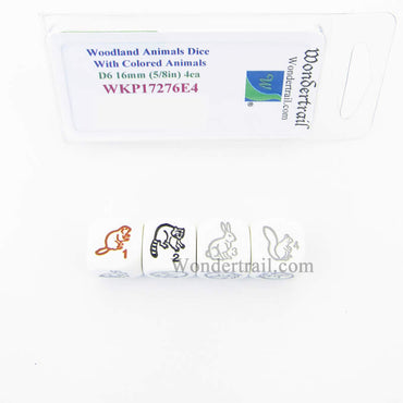 WKP17276E4 Woodland Animals Dice D6 White Different Color Animals 16mm Set of 4 (ONLINE ORDER ONLY)