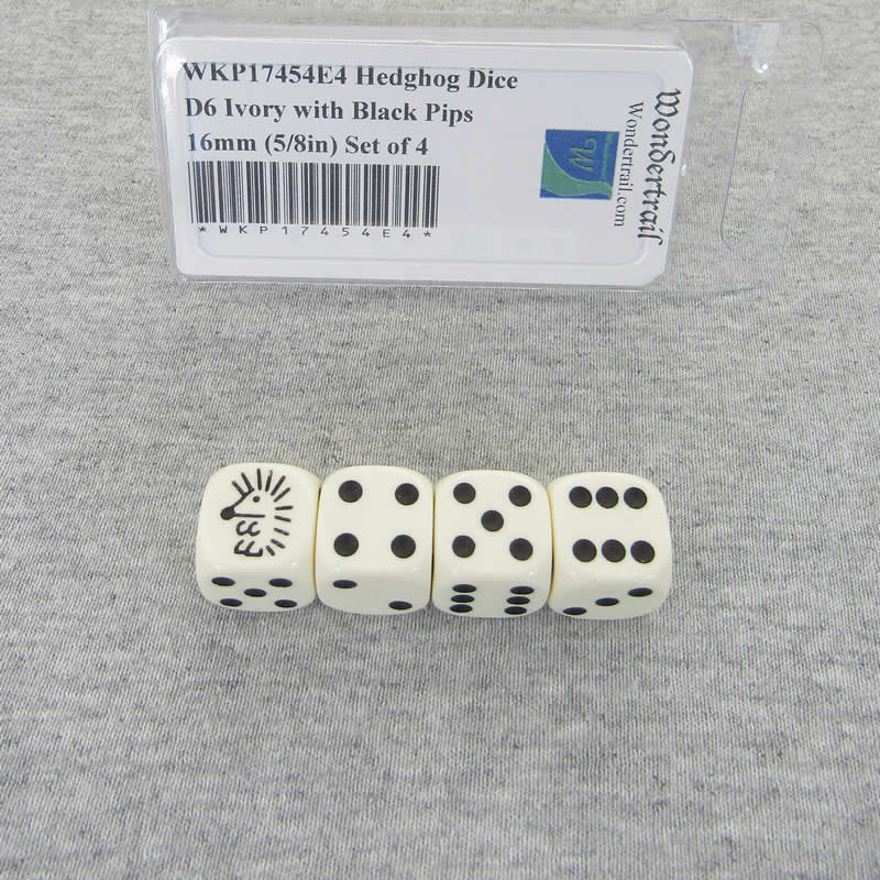 WKP17454E4 Hedghog Dice D6 Ivory with Black Pips 16mm (5/8in) Set of 4 (ONLINE ORDER ONLY)