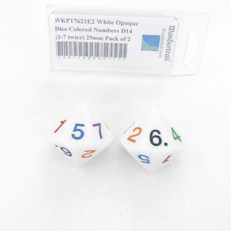 WKP17621E2 White Opaque Dice Colored Numbers D14 (1-7 twice) 29mm Pack of 2 (ONLINE ORDER ONLY)