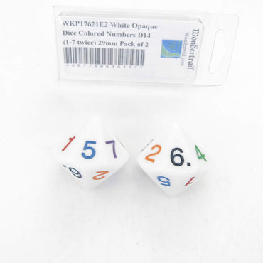 WKP17621E2 White Opaque Dice Colored Numbers D14 (1-7 twice) 29mm Pack of 2 (ONLINE ORDER ONLY)