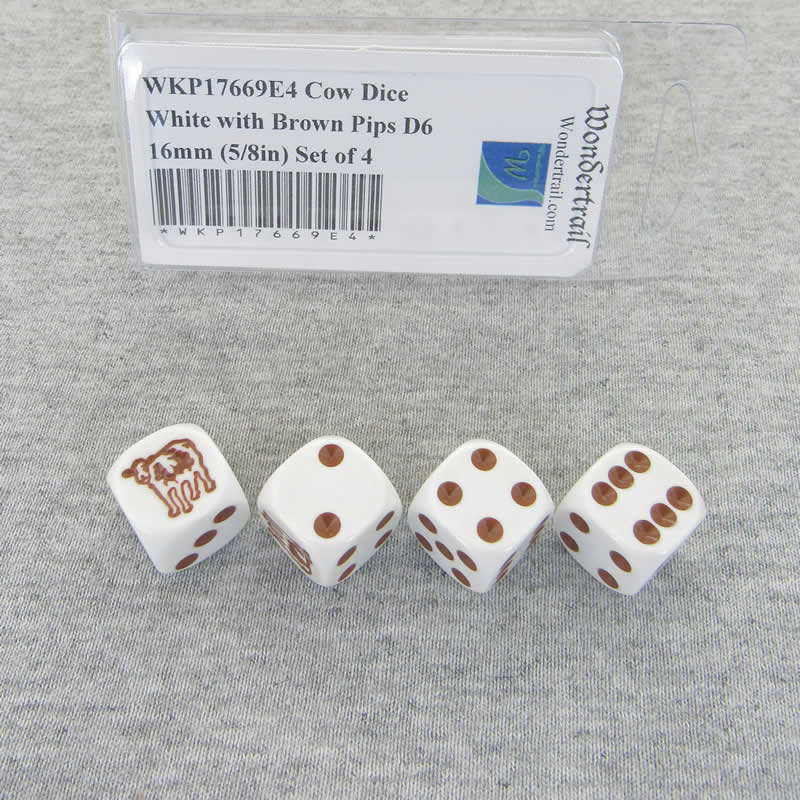 WKP17669E4 Cow Dice White with Brown Pips D6 16mm (5/8in) Set of 4 (ONLINE ORDER ONLY)