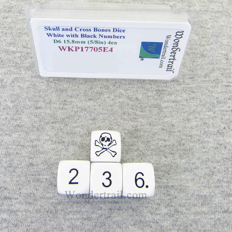 WKP17705E4 Skull and Cross Bones Dice White with Black Numbers D6 15.8mm Set of 4 (ONLINE ORDER ONLY)