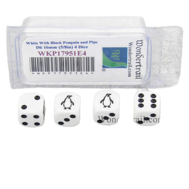 WKP17951E4 Penguin Dice White Opaque with Black Pips D6 16mm Set of 4 (ONLINE ORDER ONLY)
