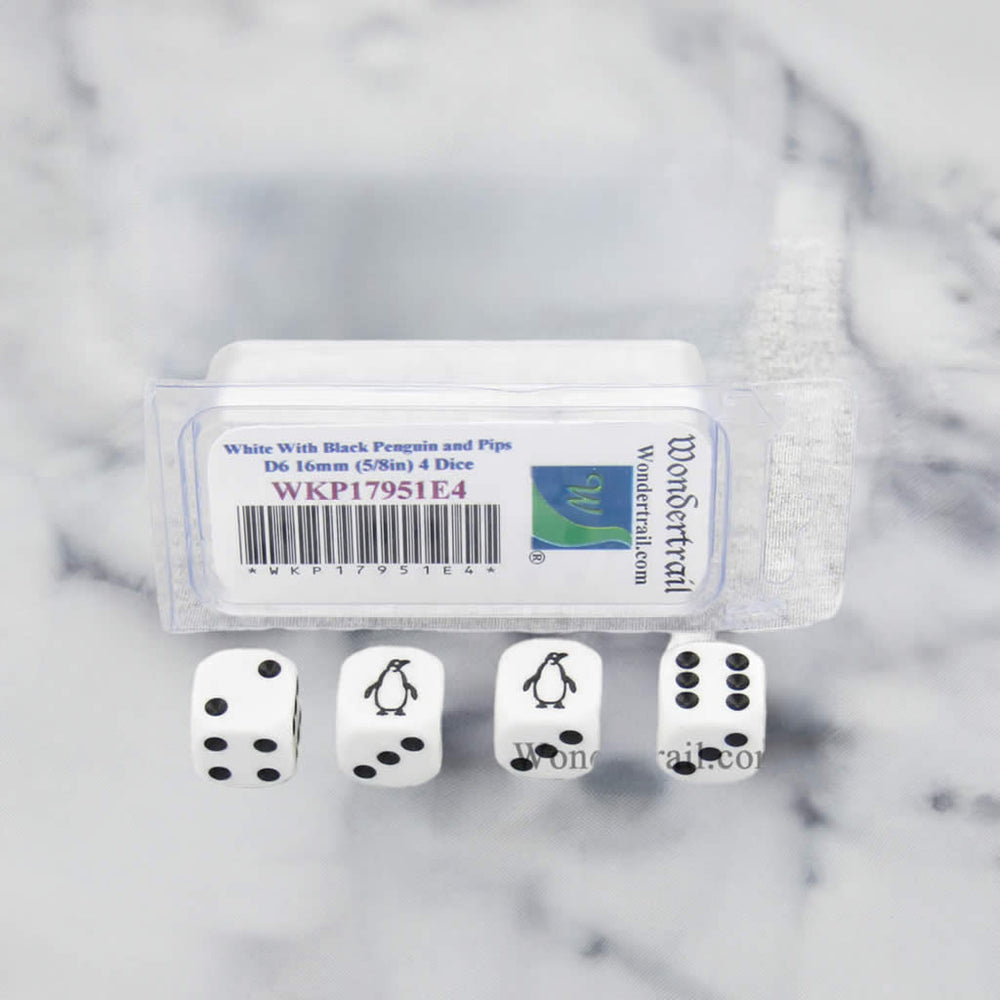 WKP17951E4 Penguin Dice White Opaque with Black Pips D6 16mm Set of 4 (ONLINE ORDER ONLY)