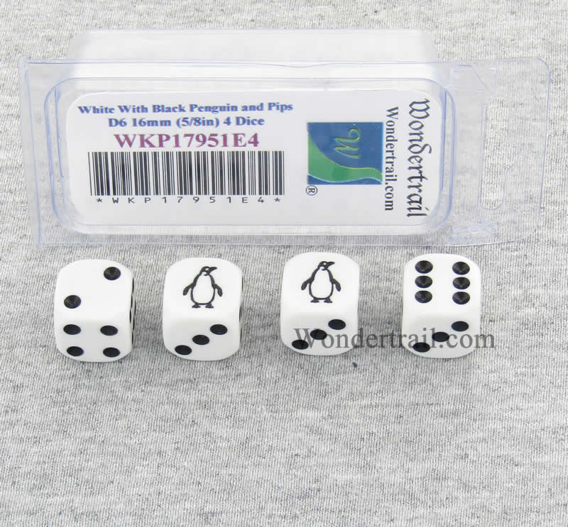 WKP17951E4 Penguin Dice White Opaque with Black Pips D6 16mm Set of 4 (ONLINE ORDER ONLY)