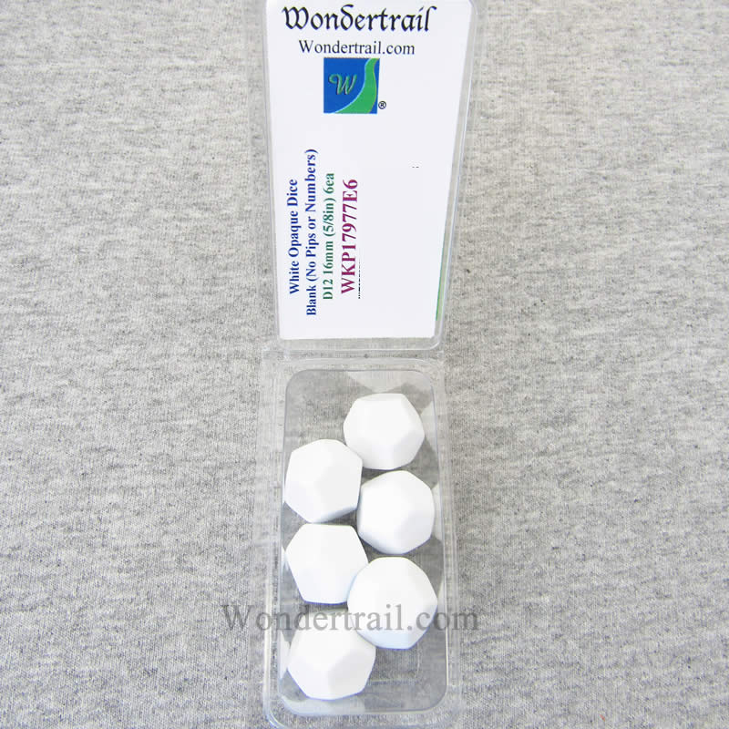 WKP17977E6 White Opaque Dice Blank D12 16mm (5/8in) Pack of 6 (ONLINE ORDER ONLY)
