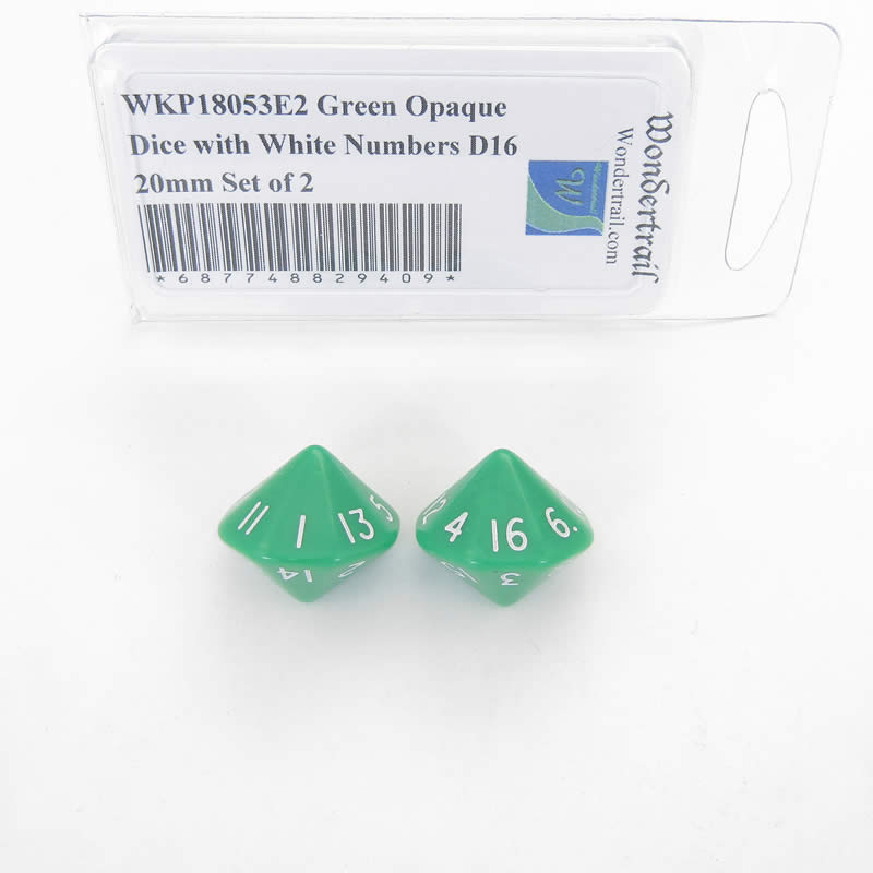 WKP18053E2 Green Opaque Dice with White Numbers D16 20mm Set of 2 (ONLINE ORDER ONLY)