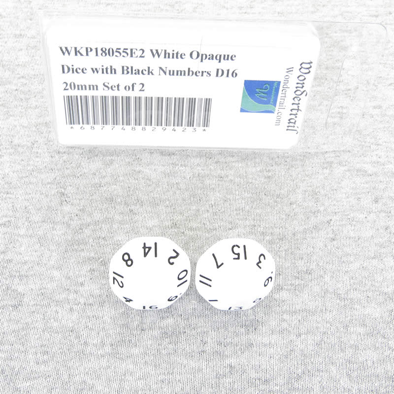 WKP18055E2 White Opaque Dice with Black Numbers D16 20mm Set of 2 (ONLINE ORDER ONLY)