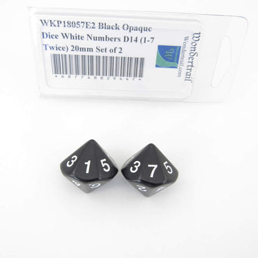 WKP18057E2 Black Opaque Dice White Numbers D14 (1-7 Twice) 20mm Set of 2 (ONLINE ORDER ONLY)