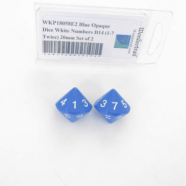 WKP18058E2 Blue Opaque Dice White Numbers D14 (1-7 Twice) 20mm Set of 2 (ONLINE ORDER ONLY)