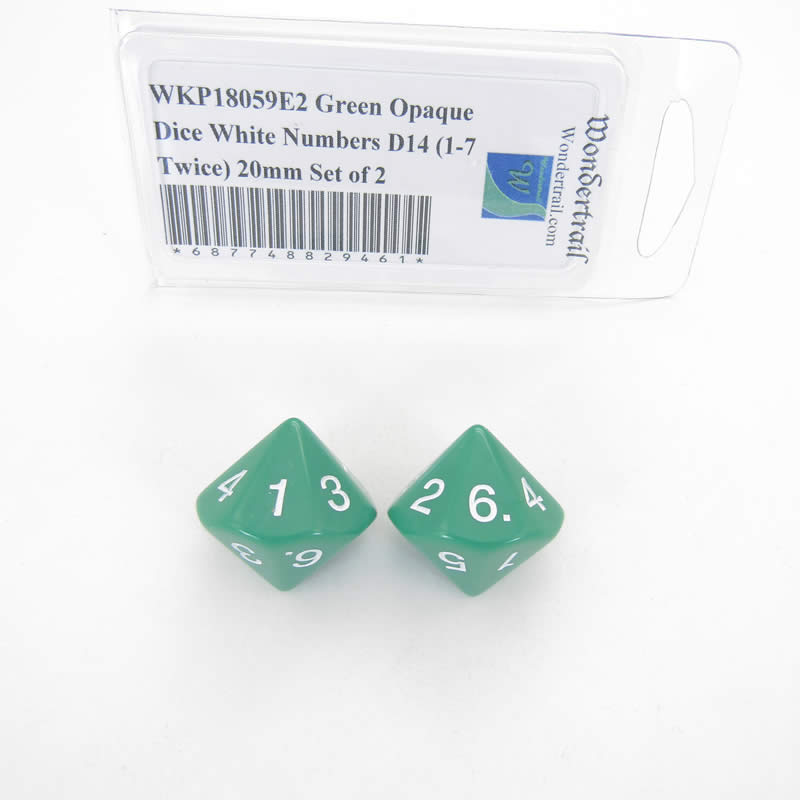 WKP18059E2 Green Opaque Dice White Numbers D14 (1-7 Twice) 20mm Set of 2 (ONLINE ORDER ONLY)