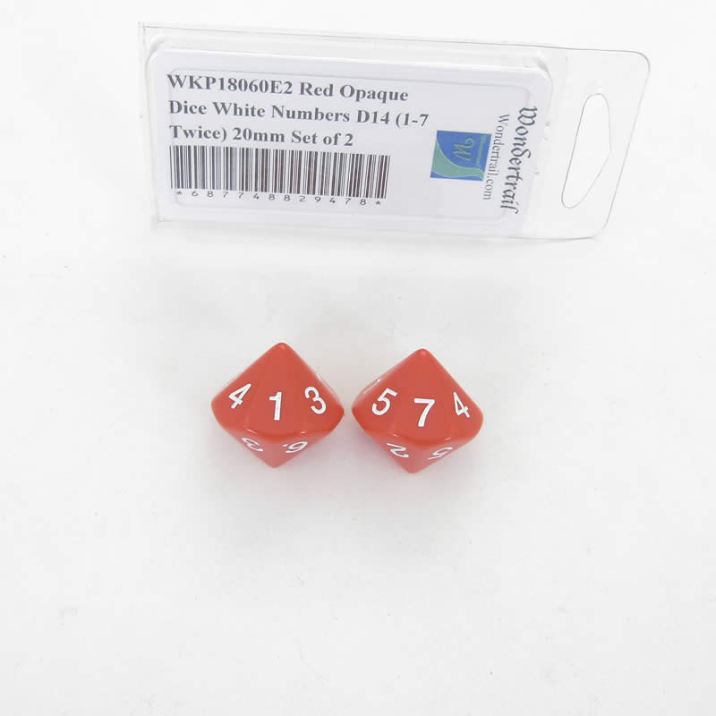 WKP18060E2 Red Opaque Dice White Numbers D14 (1-7 Twice) 20mm Set of 2 (ONLINE ORDER ONLY)
