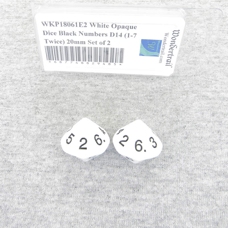WKP18061E2 White Opaque Dice Black Numbers D14 (1-7 Twice) 20mm Set of 2 (ONLINE ORDER ONLY)