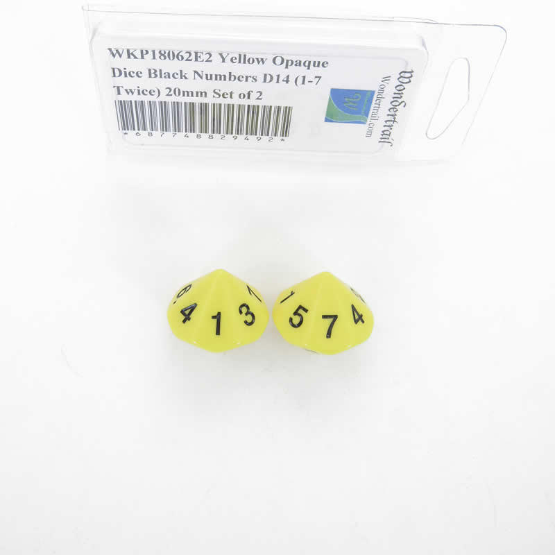 WKP18062E2 Yellow Opaque Dice Black Numbers D14 (1-7 Twice) 20mm Set of 2 (ONLINE ORDER ONLY)
