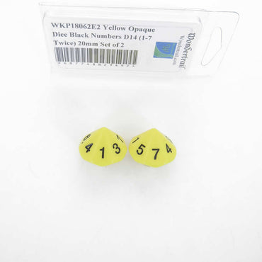 WKP18062E2 Yellow Opaque Dice Black Numbers D14 (1-7 Twice) 20mm Set of 2 (ONLINE ORDER ONLY)