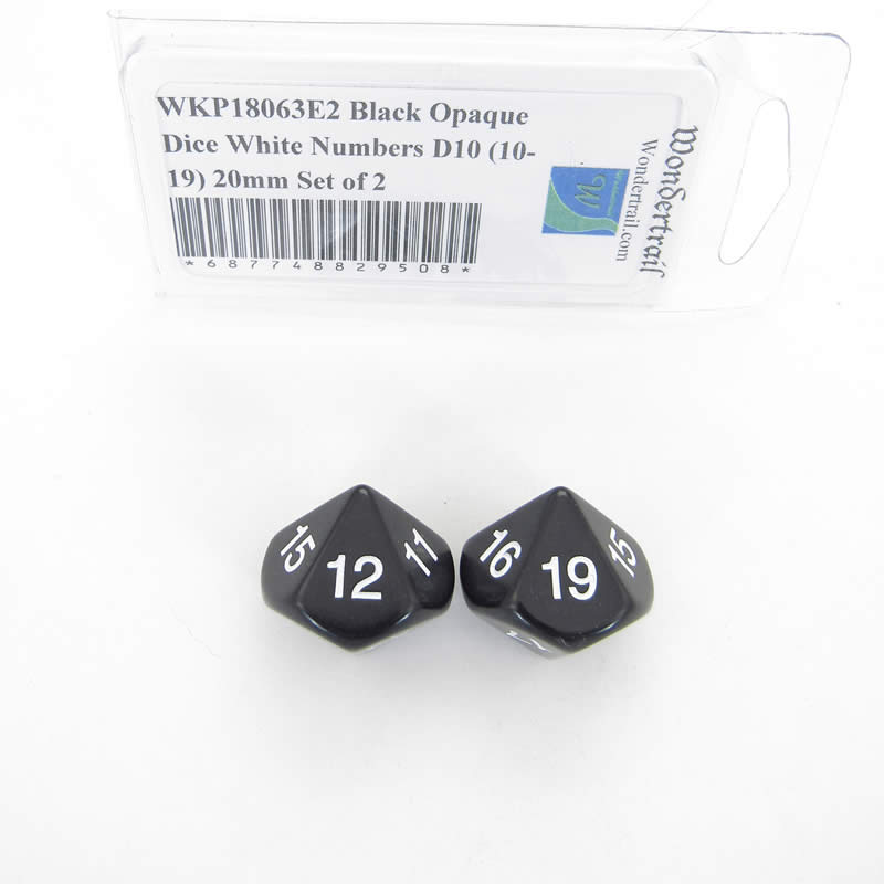 WKP18063E2 Black Opaque Dice White Numbers D10 (10-19) 20mm Set of 2 (ONLINE ORDER ONLY)