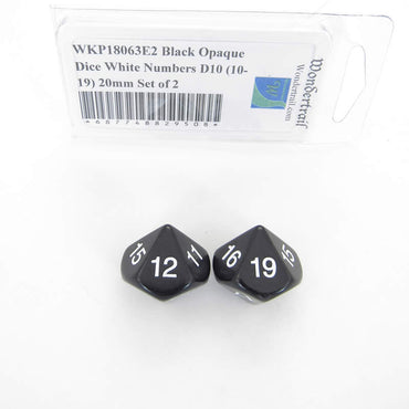 WKP18063E2 Black Opaque Dice White Numbers D10 (10-19) 20mm Set of 2 (ONLINE ORDER ONLY)