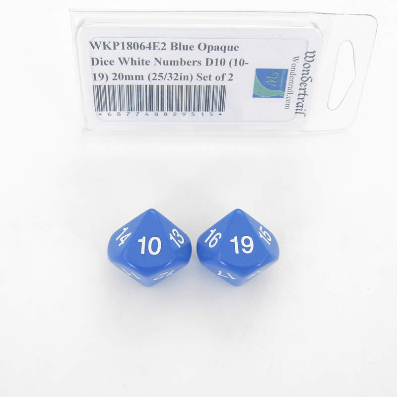 WKP18064E2 Blue Opaque Dice White Numbers D10 (10-19) 20mm (25/32in) Set of 2 (ONLINE ORDER ONLY)