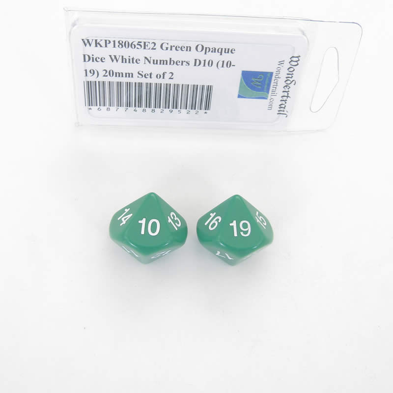 WKP18065E2 Green Opaque Dice White Numbers D10 (10-19) 20mm Set of 2 (ONLINE ORDER ONLY)
