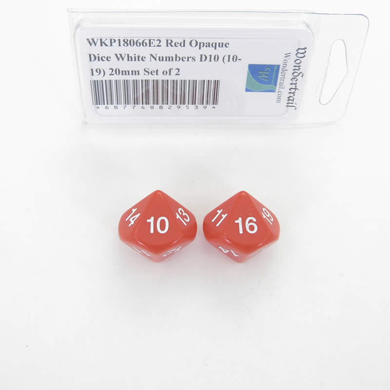 WKP18066E2 Red Opaque Dice White Numbers D10 (10-19) 20mm Set of 2 (ONLINE ORDER ONLY)