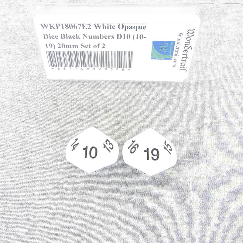WKP18067E2 White Opaque Dice Black Numbers D10 (10-19) 20mm Set of 2 (ONLINE ORDER ONLY)