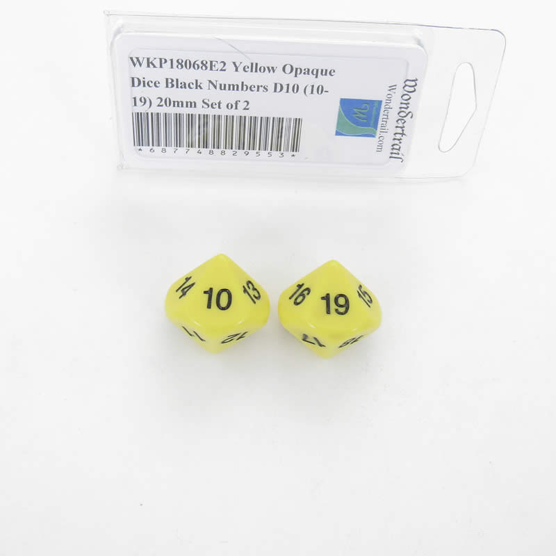 WKP18068E2 Yellow Opaque Dice Black Numbers D10 (10-19) 20mm Set of 2 (ONLINE ORDER ONLY)