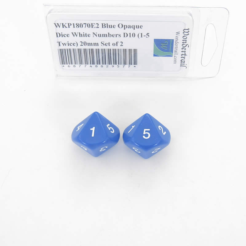 WKP18070E2 Blue Opaque Dice White Numbers D10 (1-5 Twice) 20mm Set of 2 (ONLINE ORDER ONLY)