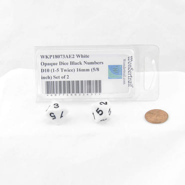 WKP18073AE2 White Opaque Dice Black Numbers D10 (1-5 Twice) 16mm (5/8 inch) Set of 2 (ONLINE ORDER ONLY)