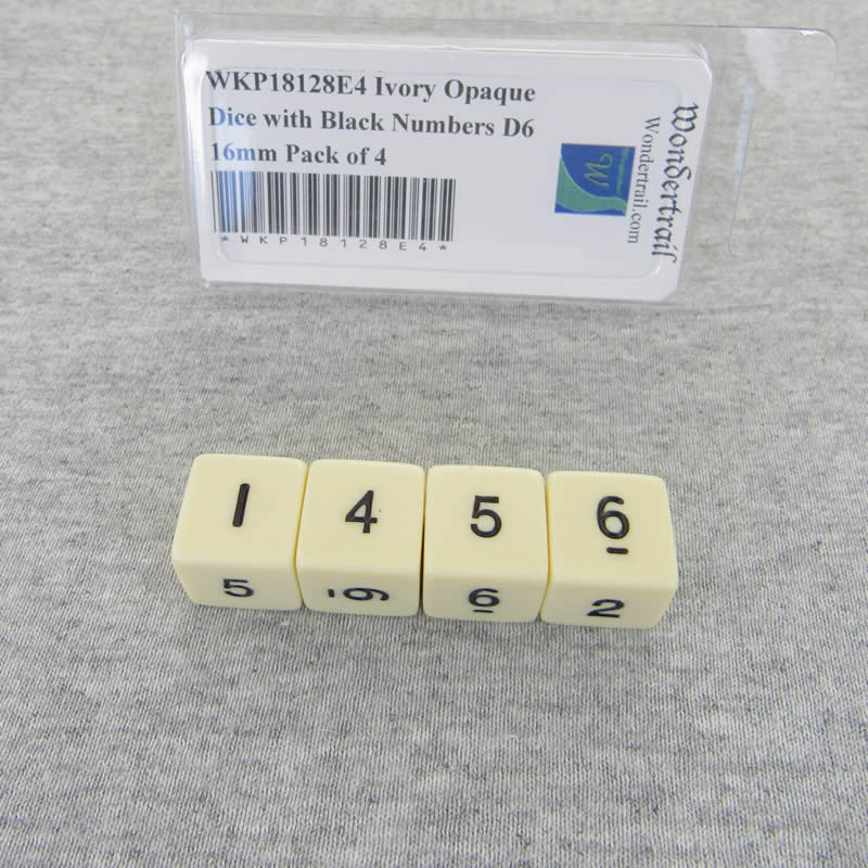WKP18128E4 Ivory Opaque Dice with Black Numbers D6 16mm Pack of 4 (ONLINE ORDER ONLY)