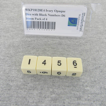 WKP18128E4 Ivory Opaque Dice with Black Numbers D6 16mm Pack of 4 (ONLINE ORDER ONLY)