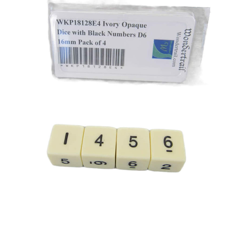 WKP18128E4 Ivory Opaque Dice with Black Numbers D6 16mm Pack of 4 (ONLINE ORDER ONLY)