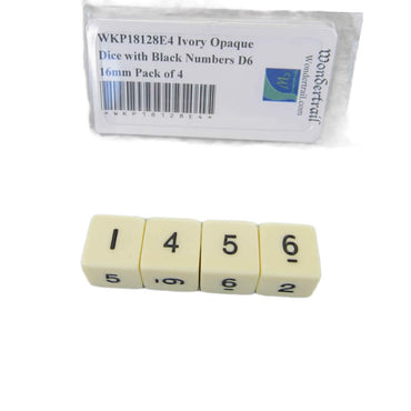WKP18128E4 Ivory Opaque Dice with Black Numbers D6 16mm Pack of 4 (ONLINE ORDER ONLY)