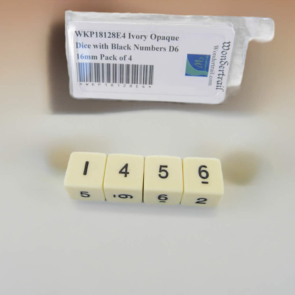 WKP18128E4 Ivory Opaque Dice with Black Numbers D6 16mm Pack of 4 (ONLINE ORDER ONLY)