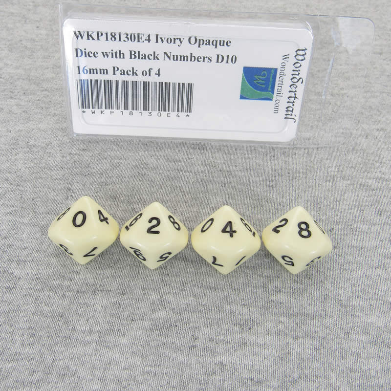 WKP18130E4 Ivory Opaque Dice with Black Numbers D10 16mm Pack of 4 (ONLINE ORDER ONLY)
