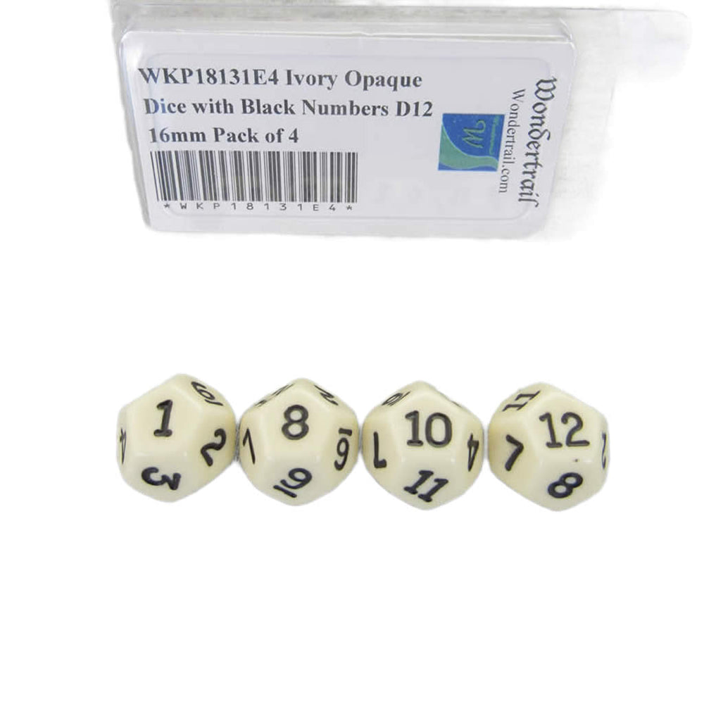 WKP18131E4 Ivory Opaque Dice with Black Numbers D12 16mm Pack of 4 (ONLINE ORDER ONLY)