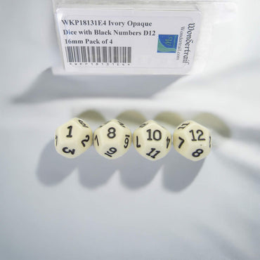 WKP18131E4 Ivory Opaque Dice with Black Numbers D12 16mm Pack of 4 (ONLINE ORDER ONLY)