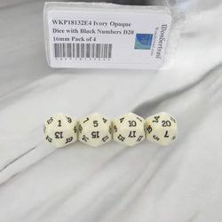 WKP18132E4 Ivory Opaque Dice with Black Numbers D20 16mm Pack of 4 (ONLINE ORDER ONLY)