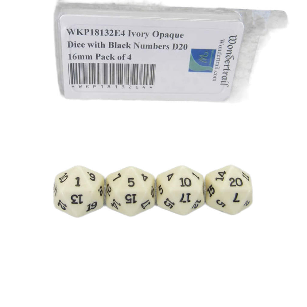 WKP18132E4 Ivory Opaque Dice with Black Numbers D20 16mm Pack of 4 (ONLINE ORDER ONLY)