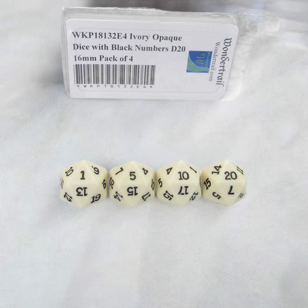 WKP18132E4 Ivory Opaque Dice with Black Numbers D20 16mm Pack of 4 (ONLINE ORDER ONLY)
