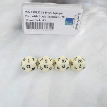 WKP18132E4 Ivory Opaque Dice with Black Numbers D20 16mm Pack of 4 (ONLINE ORDER ONLY)