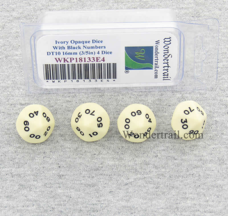 WKP18133E4 Ivory Opaque Dice With Black Numbers DT10 16mm Pack of 4 (ONLINE ORDER ONLY)