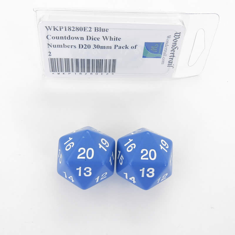 WKP18280E2 Blue Countdown Dice White Numbers D20 30mm Pack of 2 (ONLINE ORDER ONLY)