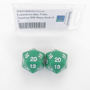 WKP18281E2 Green Countdown Dice White Numbers D20 30mm Pack of 2 (ONLINE ORDER ONLY)