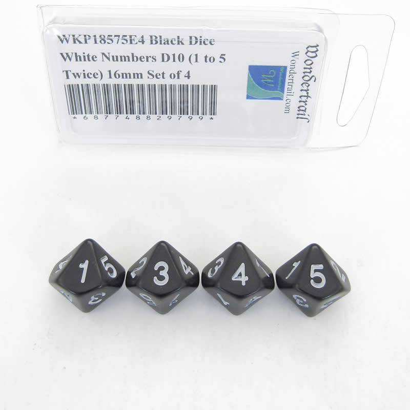 WKP18575E4 Black Dice White Numbers D10 (1 to 5 Twice) 16mm Set of 4 (ONLINE ORDER ONLY)