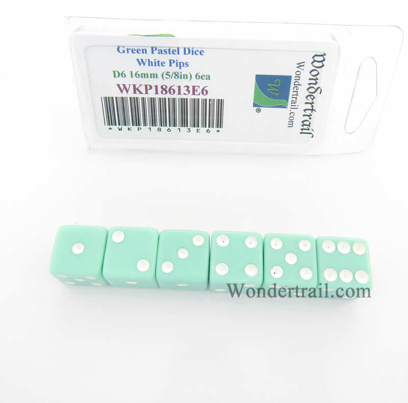WKP18613E6 Green Pastel Dice D6 with White Pips 16mm (5/8in) Pack of 6 (ONLINE ORDER ONLY)