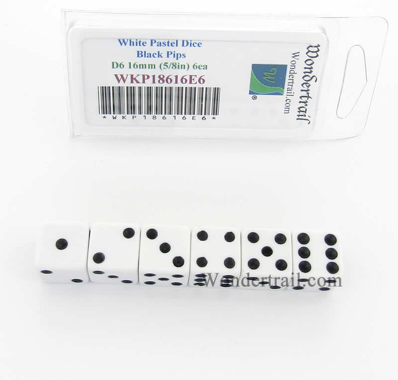 WKP18616E6 White Pastel Dice D6 with Black Pips 16mm (5/8in) Pack of 6 (ONLINE ORDER ONLY)