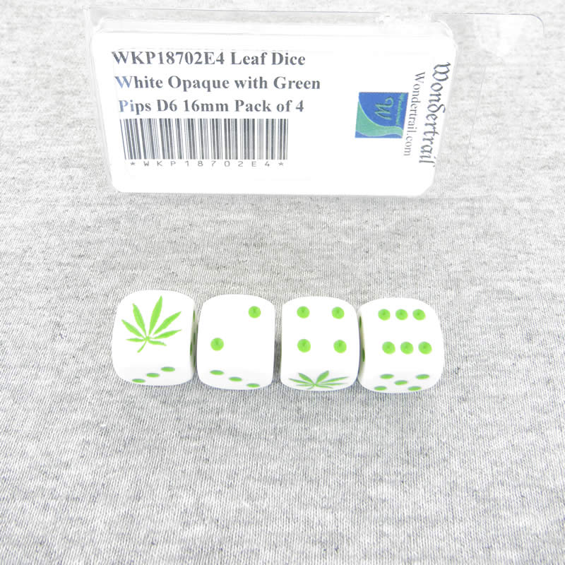 WKP18702E4 Leaf Dice White Opaque with Green Pips D6 16mm Pack of 4 (ONLINE ORDER ONLY)