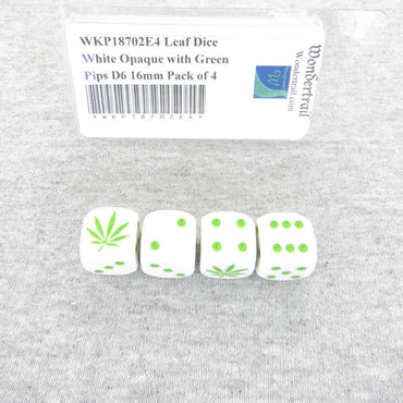 WKP18702E4 Leaf Dice White Opaque with Green Pips D6 16mm Pack of 4 (ONLINE ORDER ONLY)