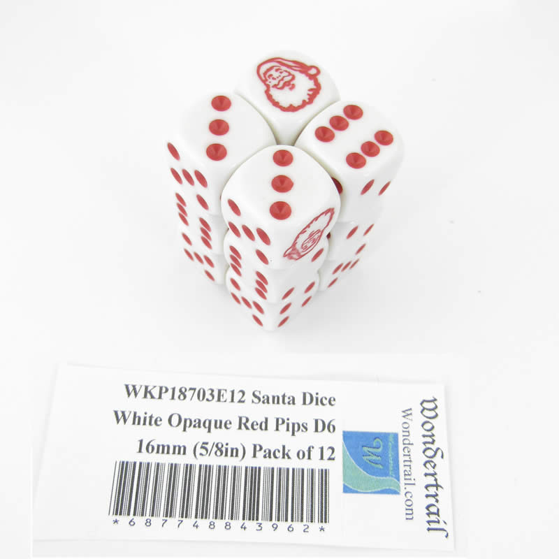 WKP18703E12 Santa Dice White Opaque Red Pips D6 16mm (5/8in) Pack of 12 (ONLINE ORDER ONLY)