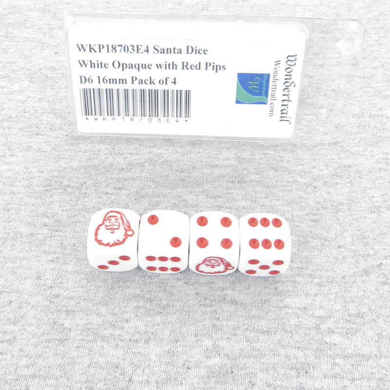 WKP18703E4 Santa Dice White Opaque with Red Pips D6 16mm Pack of 4 (ONLINE ORDER ONLY)